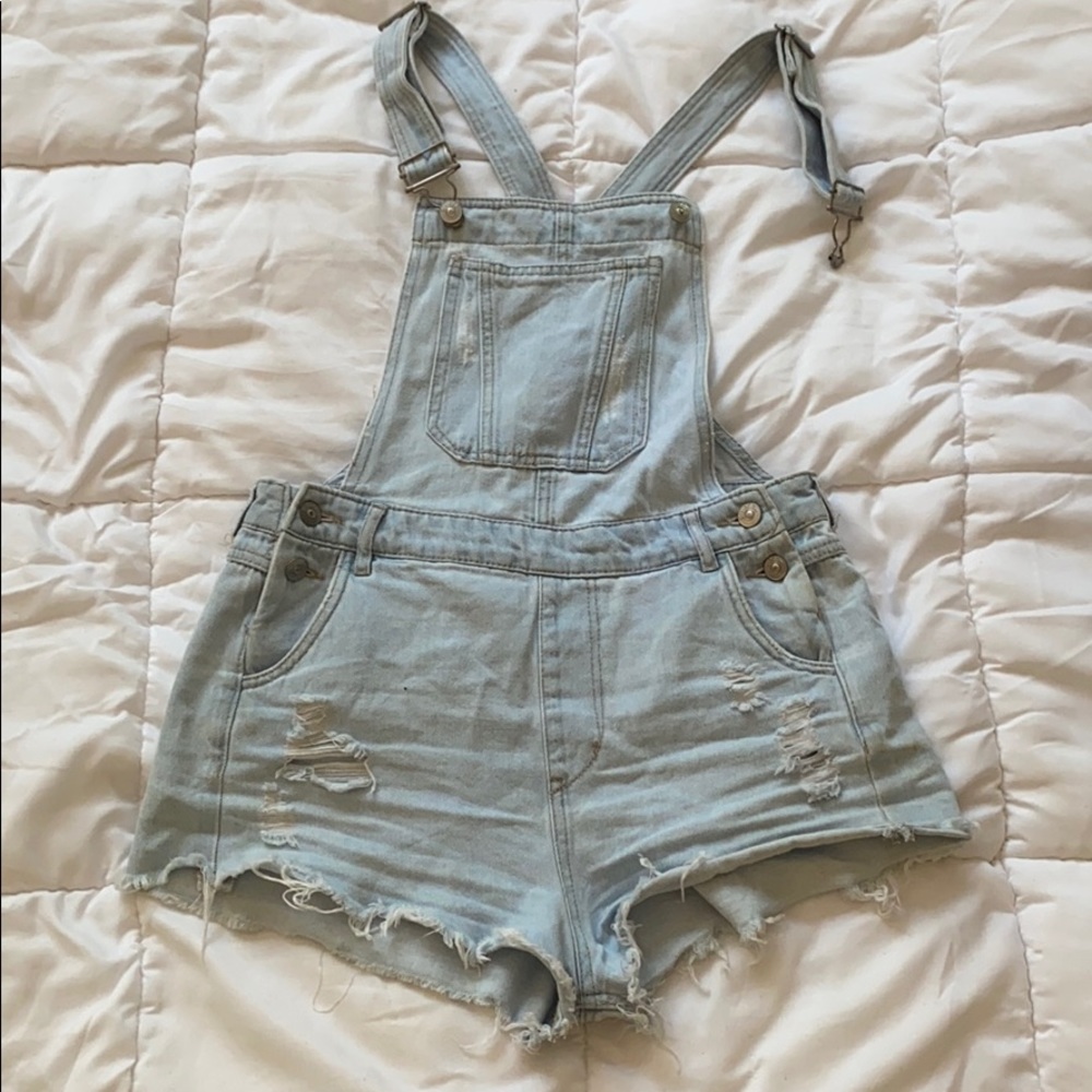 H&M light blue denim overall shorts